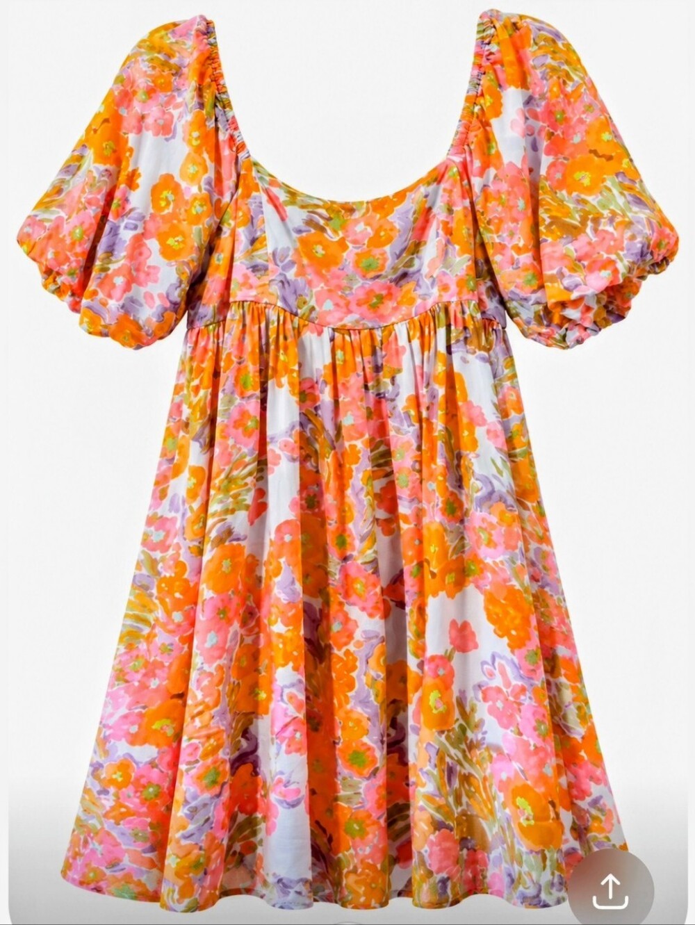 Floral Puff-Sleeve Mini Dress in Orange and Pink